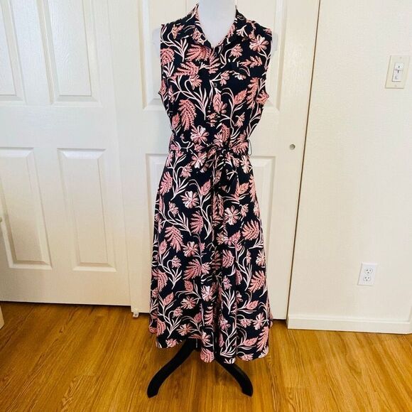 Banana Republic Navy Blue Coral Floral Midi Button Down Tie Waist Sleeveless Shi - Picture 10 of 10
